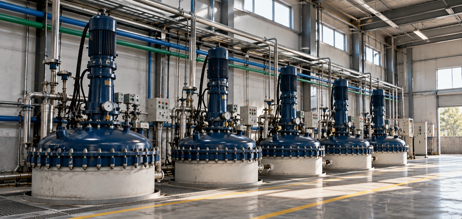 Glass-lined reactors in a manufacturing hall